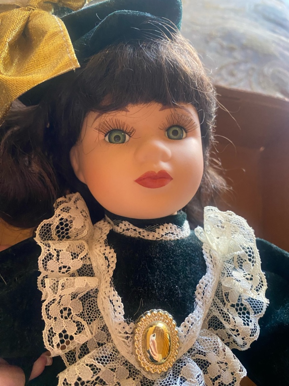 Victorian-Style Porcelain Doll in Emerald Green Velvet